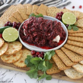 cranberry salsa surrounded by a plate of crackers