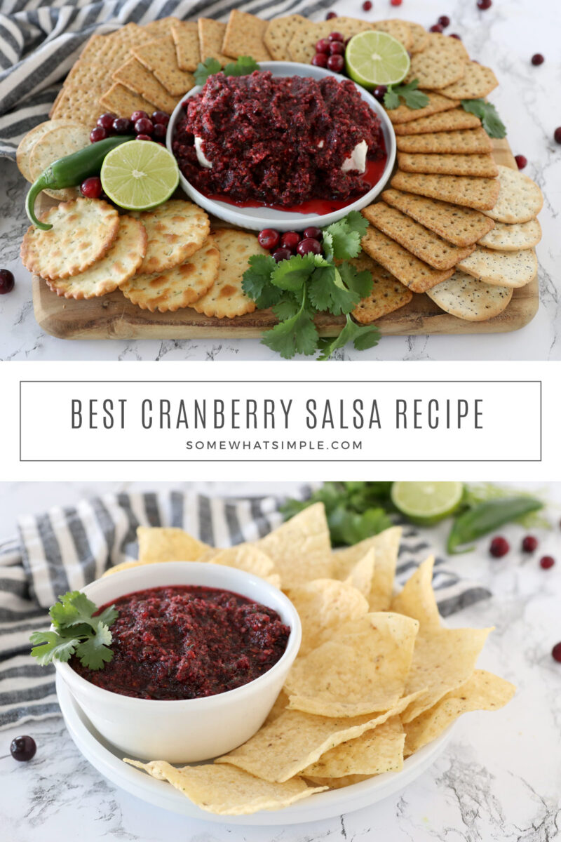collage of cranberry salsa images with crackers and chips
