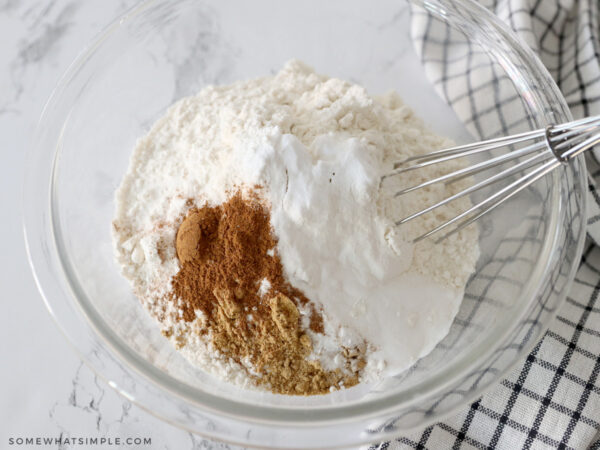 mixing dry ingredients to a glass bowl