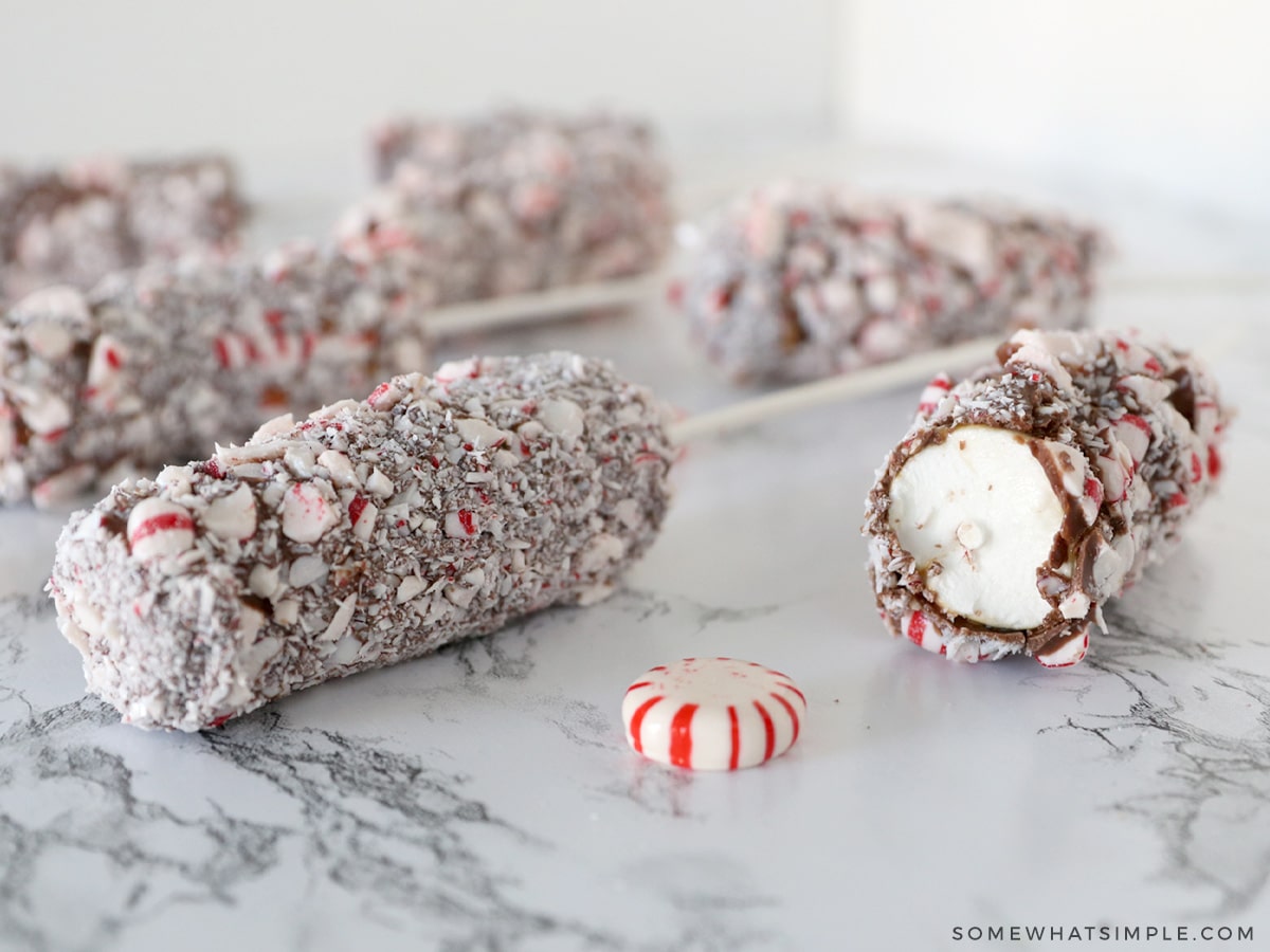 marshmallow pops on the counter - one with a bite taken out of it