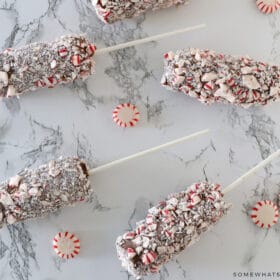 Peppermint Marshmallow Pops on the counter