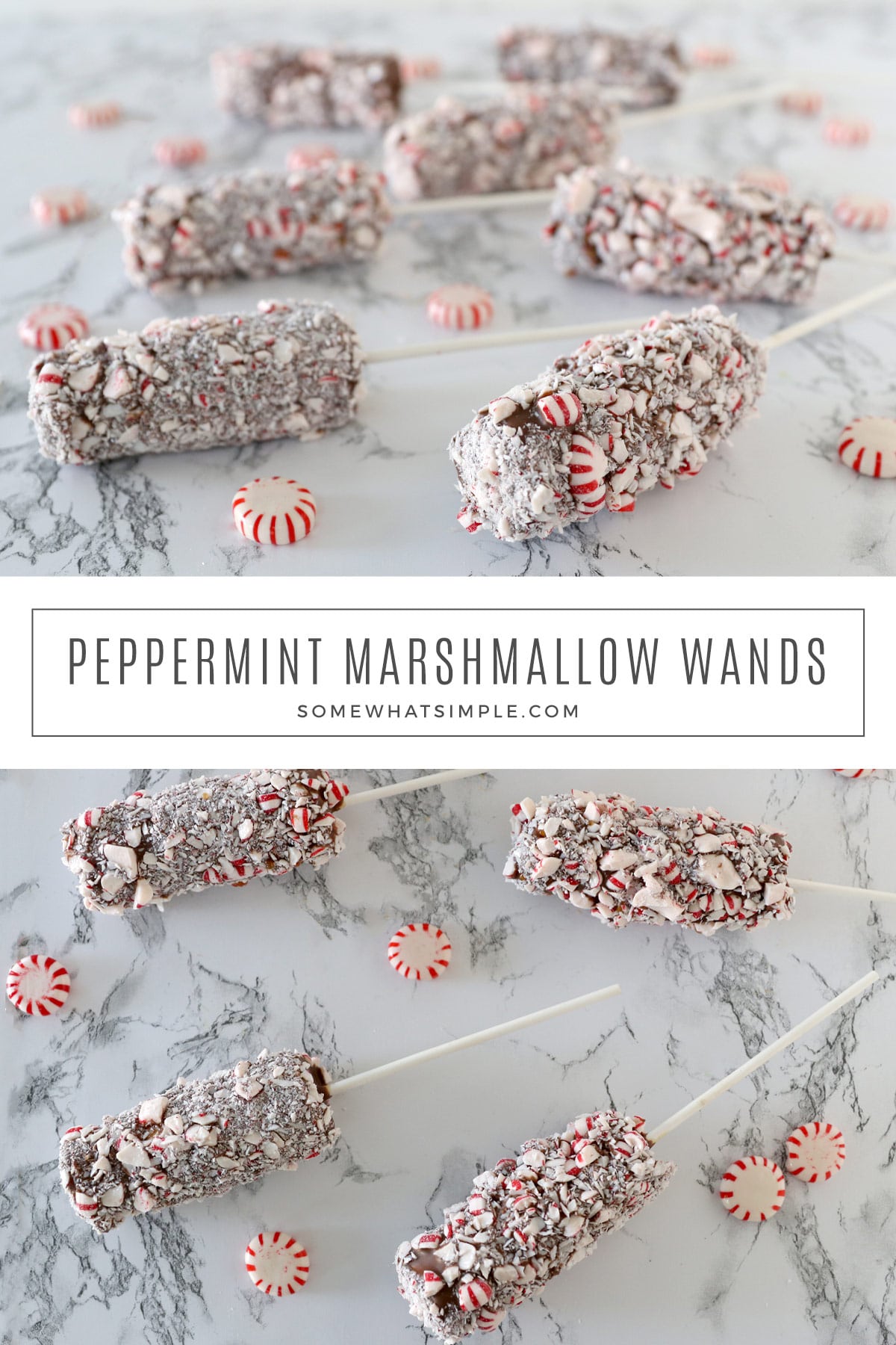 Peppermint Marshmallow Pops are a delicious treat the entire family can make and enjoy! With caramel, chocolate, and crushed peppermint candies, this easy recipe is perfect for the holidays! via @somewhatsimple