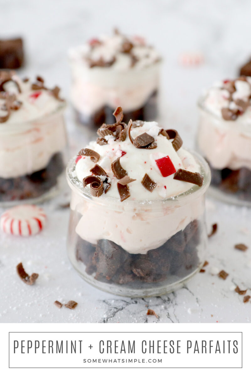 long image of a peppermint parfait on a white counter