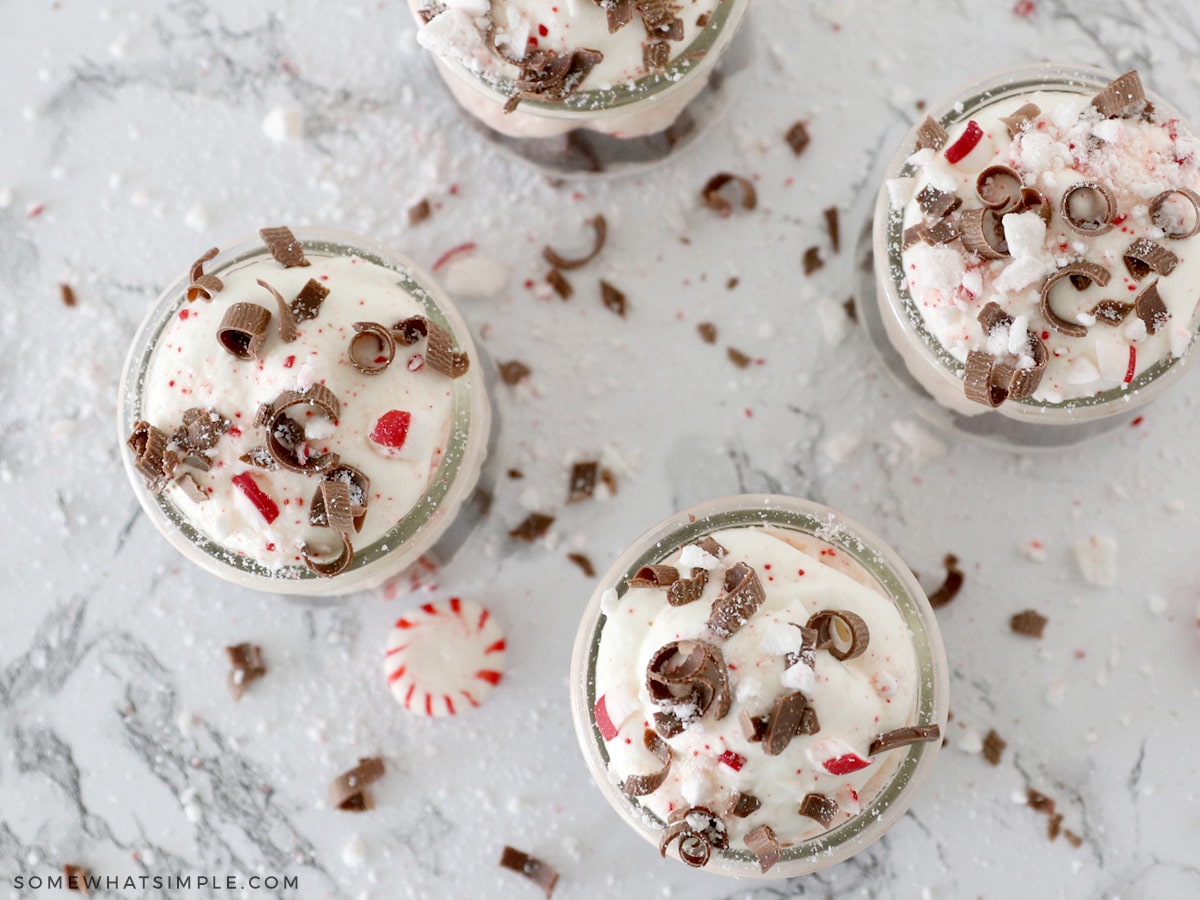 top view of peppermint parfaits sprinkled with chocolate shavings