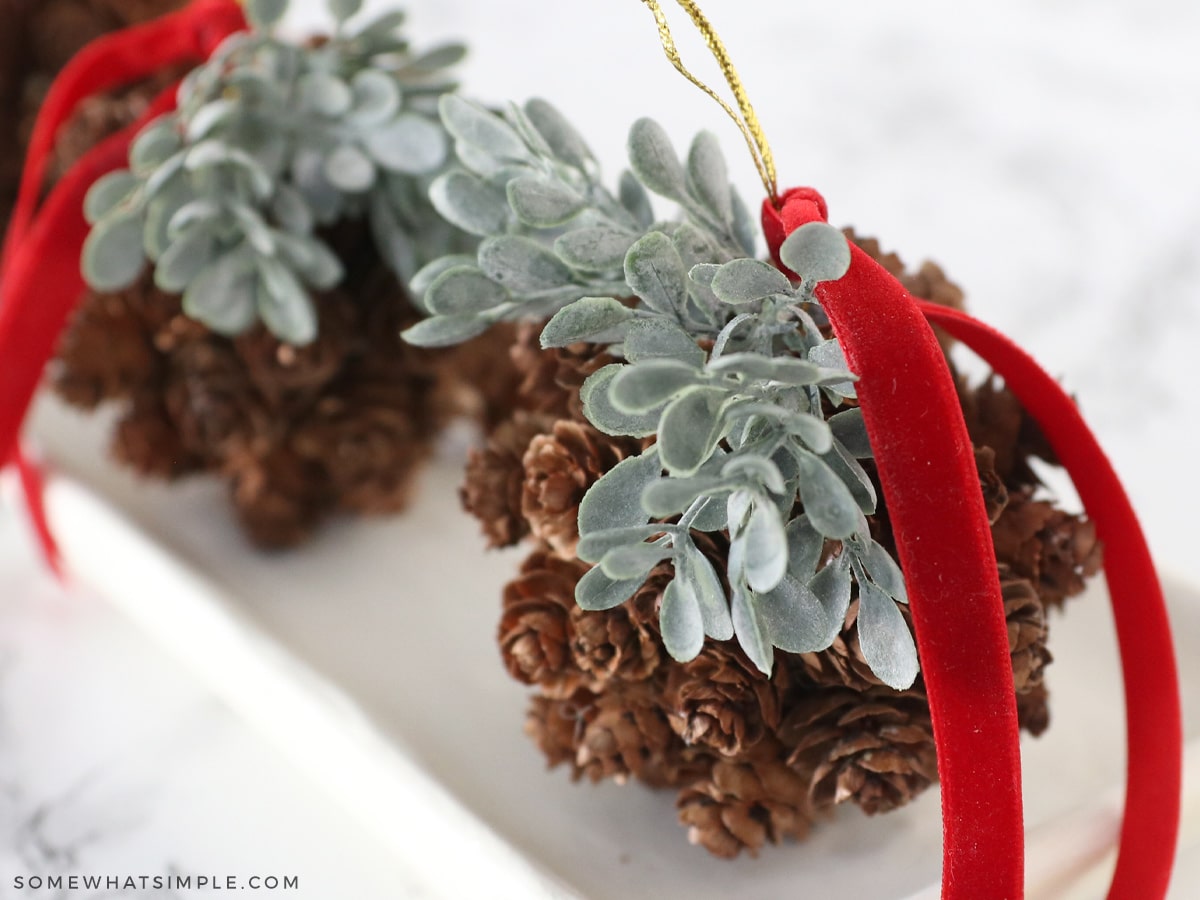 2 pinecone topiaries on a white tray