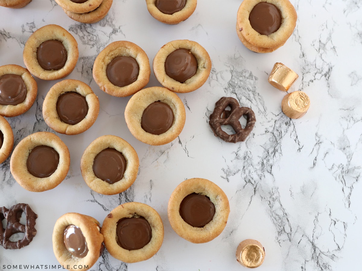 overhead shot of peanut butter cookies with chocolate centers