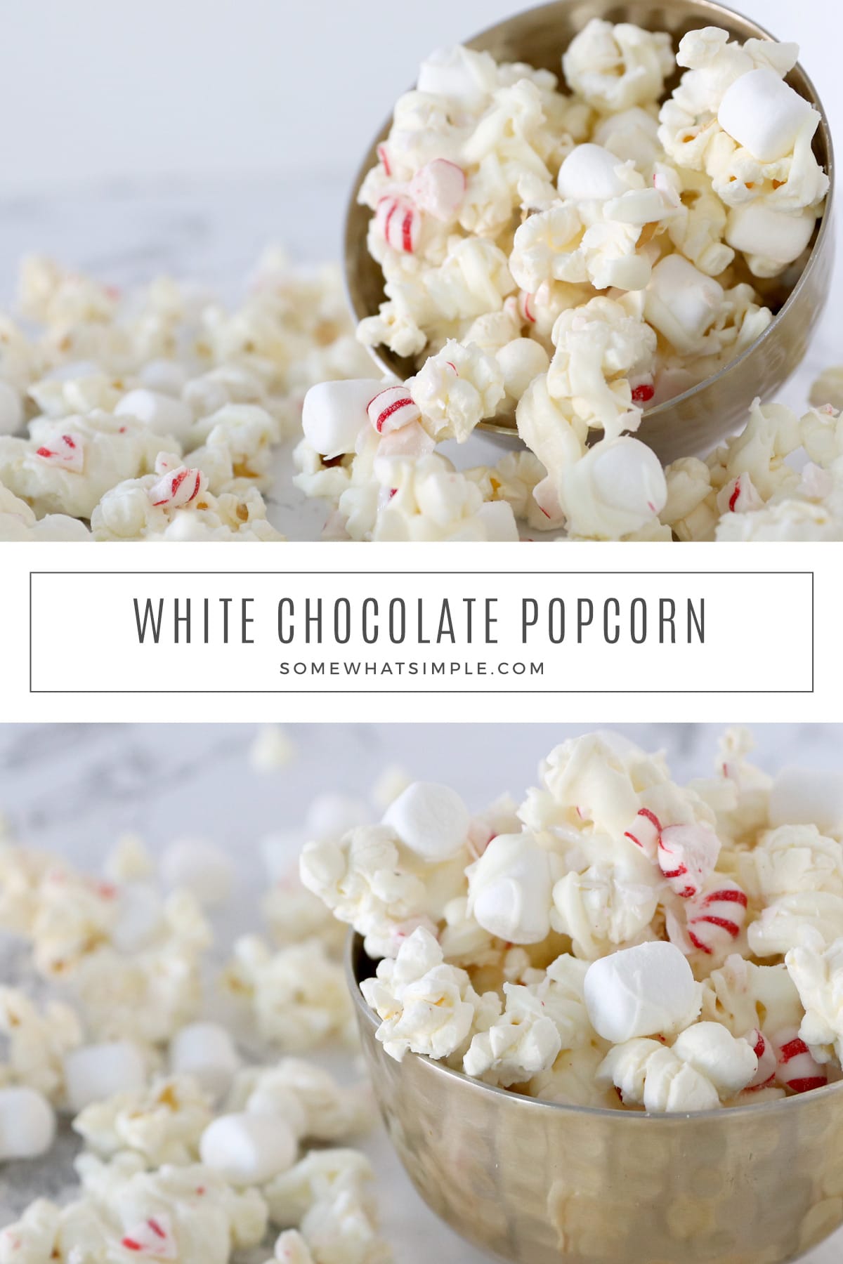 This peppermint popcorn is a simple white chocolate popcorn recipe packed with little bites of marshmallows and peppermint candies! This festive snack is perfect for any holiday celebration. via @somewhatsimple
