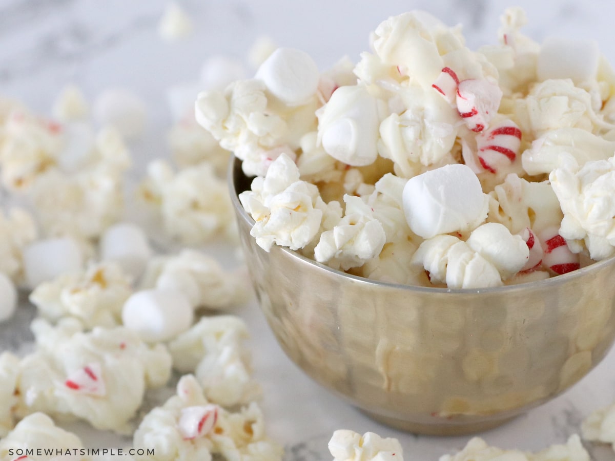 peppermint popcorn in a small bowl