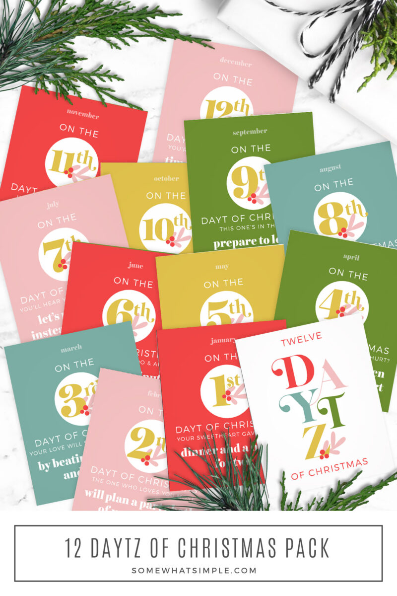 long image showing the 12 dates of christmas printables on a white counter