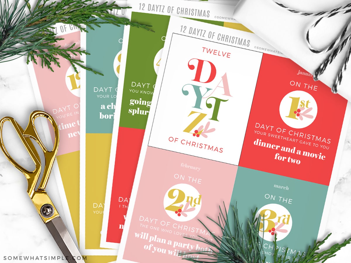 12 daytz of christmas printables next to gold scissors