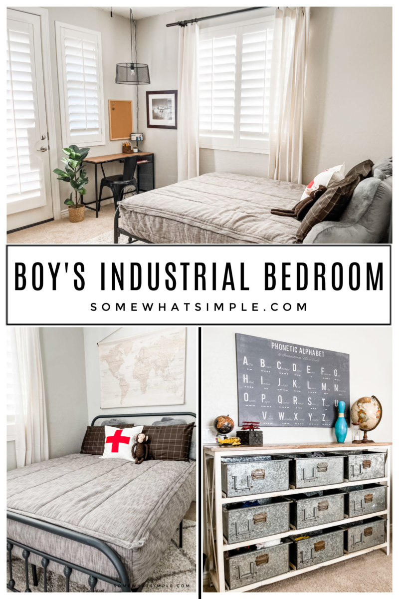 collage of images featuring a boys industrial bedroom