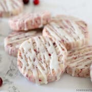 close up of cranberry orange shortbread cookie