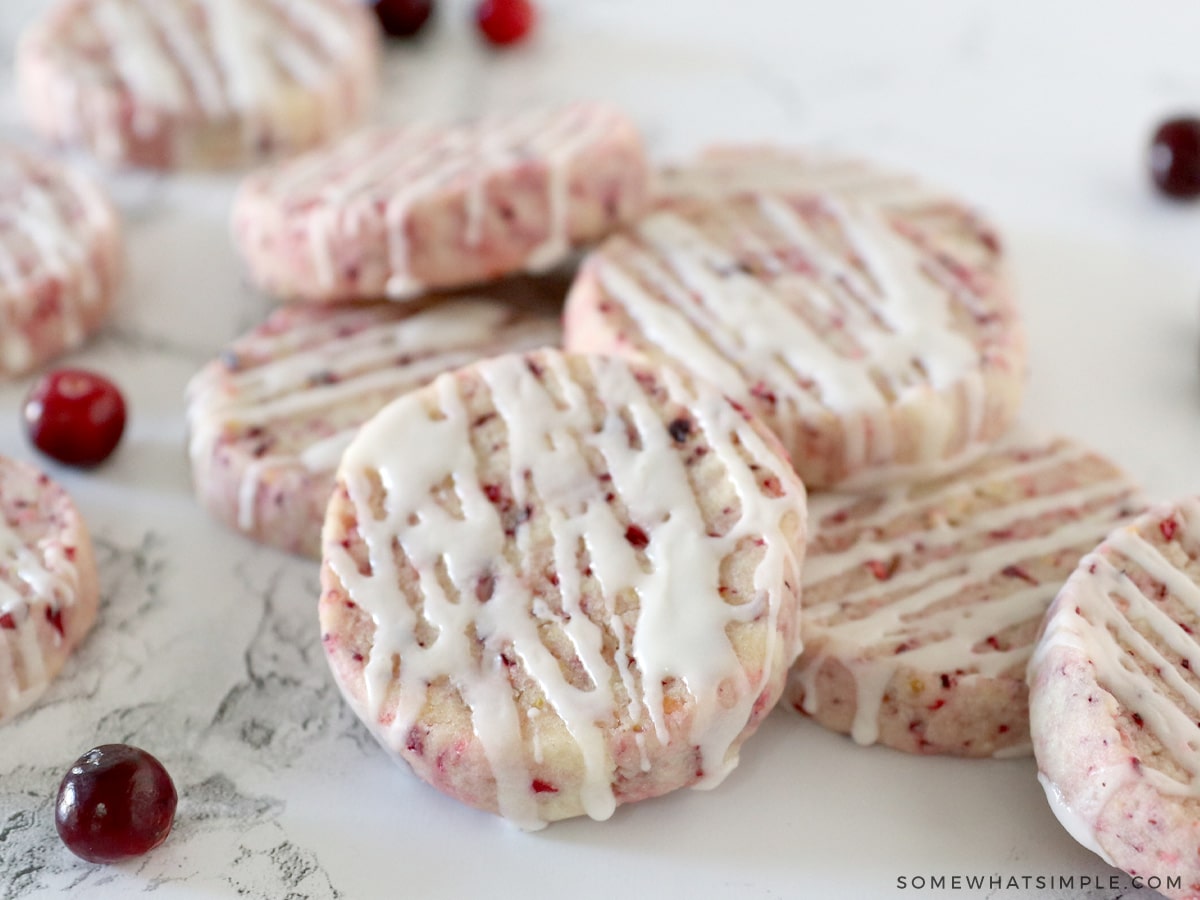 close up of cranberry orange shortbread cookie