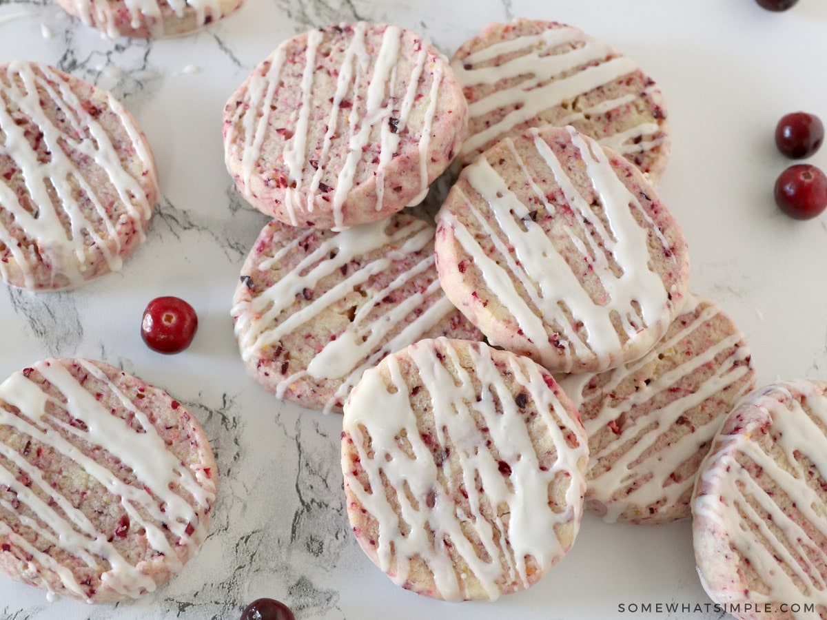 cranberry orange shortbread cookies on the counter