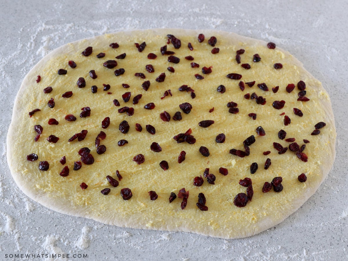 sprinkling cranberries on sweet roll dough