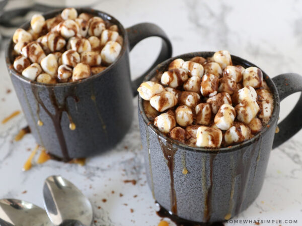 mugs of hot cocoa with mini marshmallows