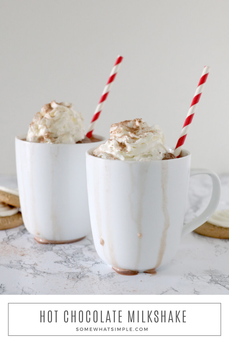 long image of hot cocoa in 2 mugs with red and white stirped straws
