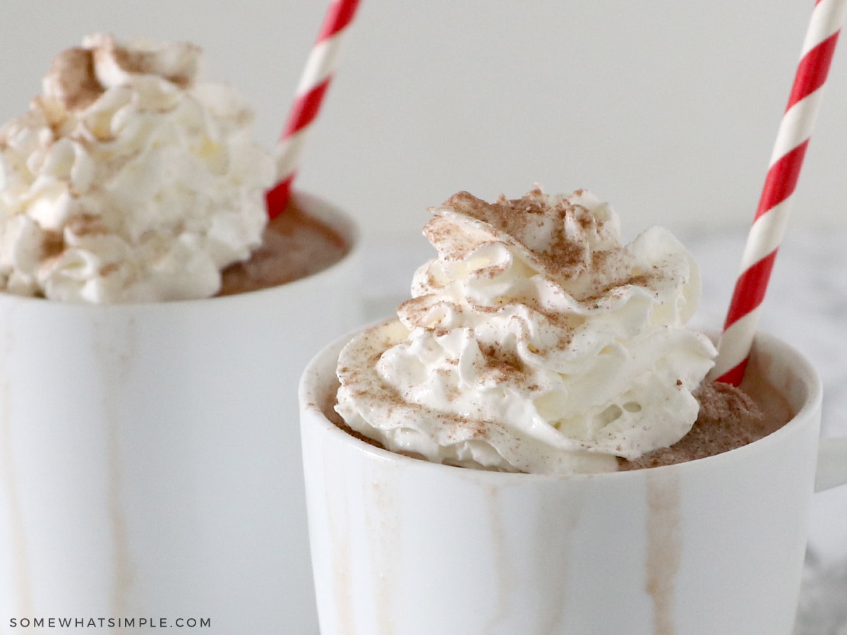 frozen hot chocolate in a mug with a red and white striped straw
