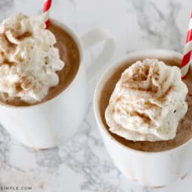 top view of 2 mugs with frozen hot chocolate in 2 white mugs