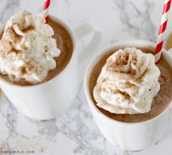 top view of 2 mugs with frozen hot chocolate in 2 white mugs