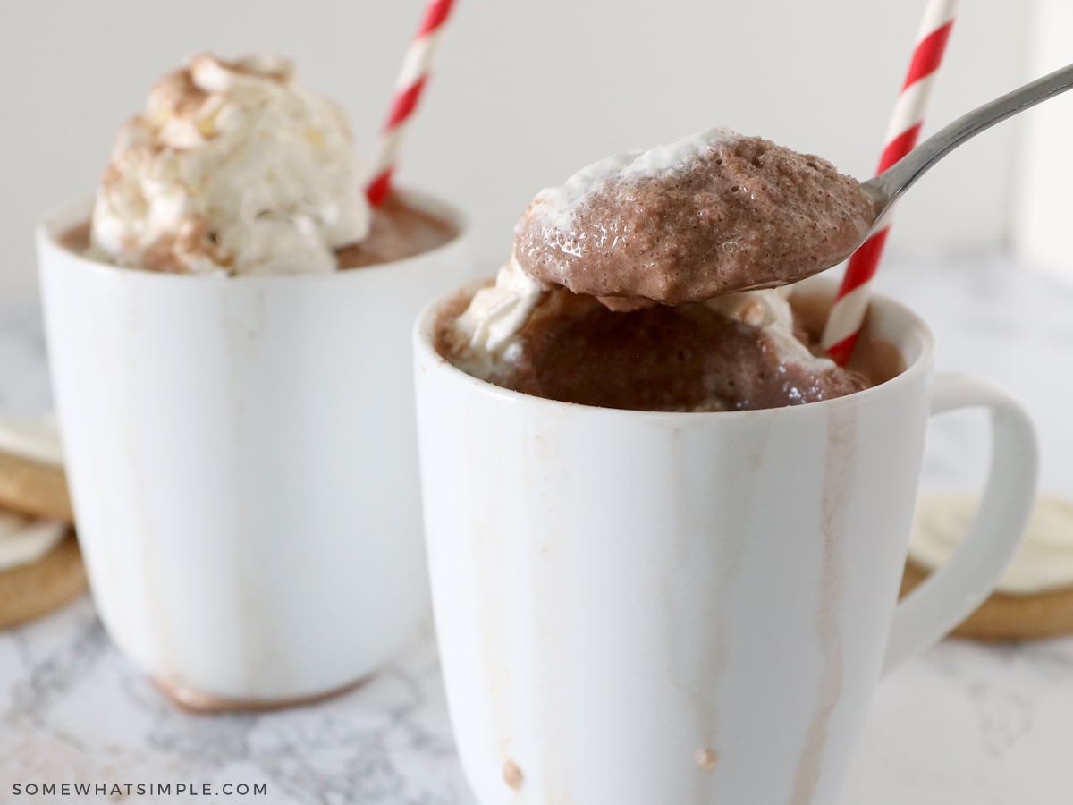 frozen hot chocolate in a mug with a spoon showing the texture and consistency