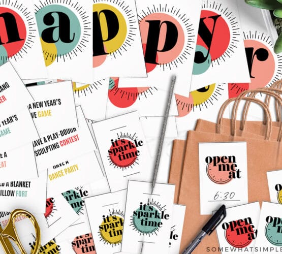 colorful nye printables laid out on the counter
