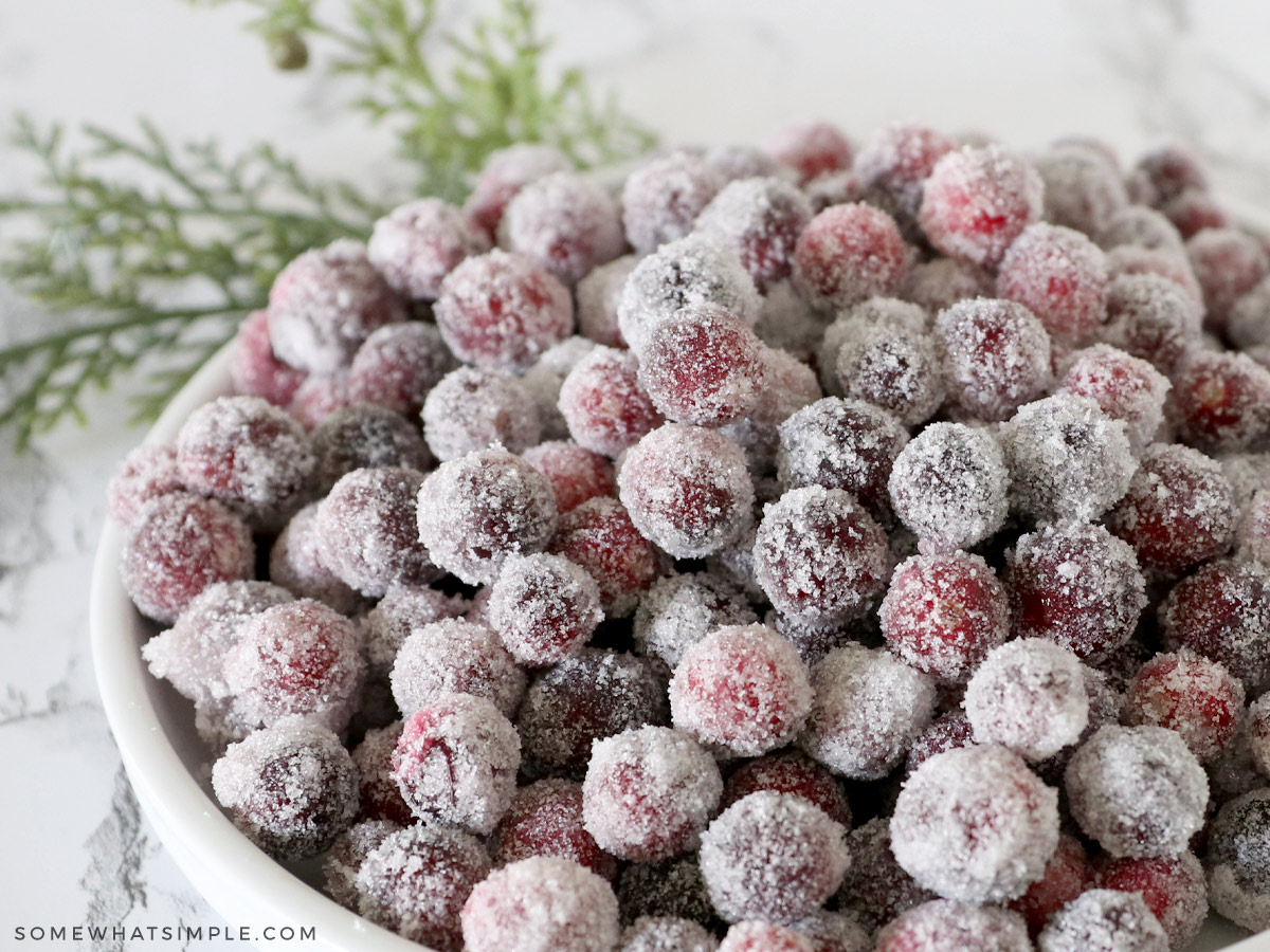 sugared cranberries in a white bowl