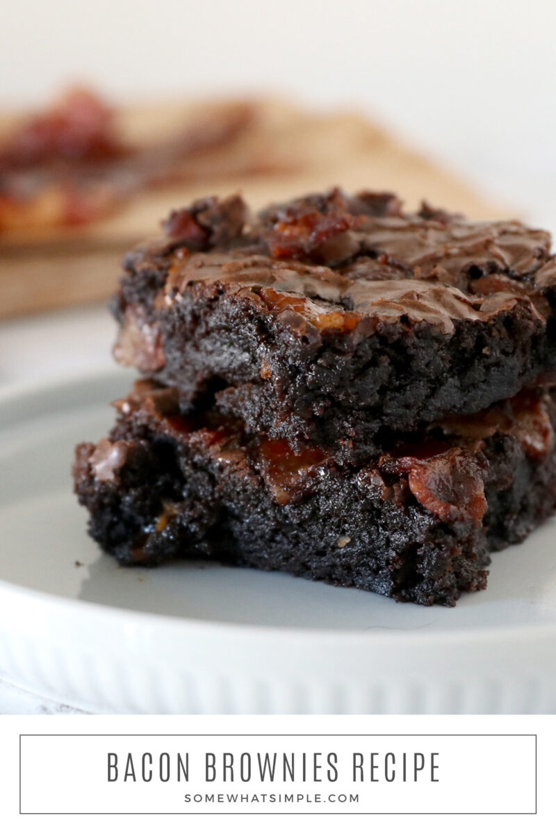 long image of a close up of bacon brownies on a white plate