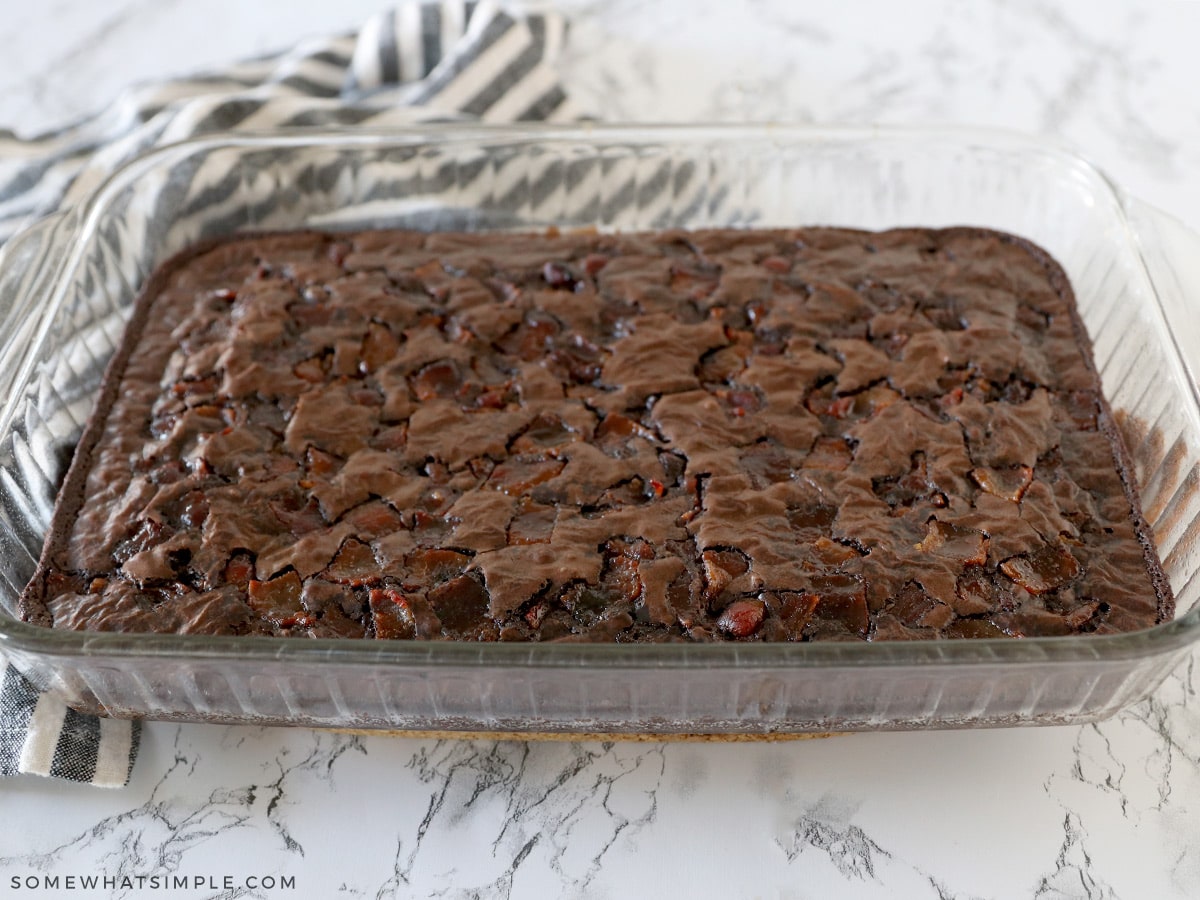 cooked bacon brownies in a glass dish