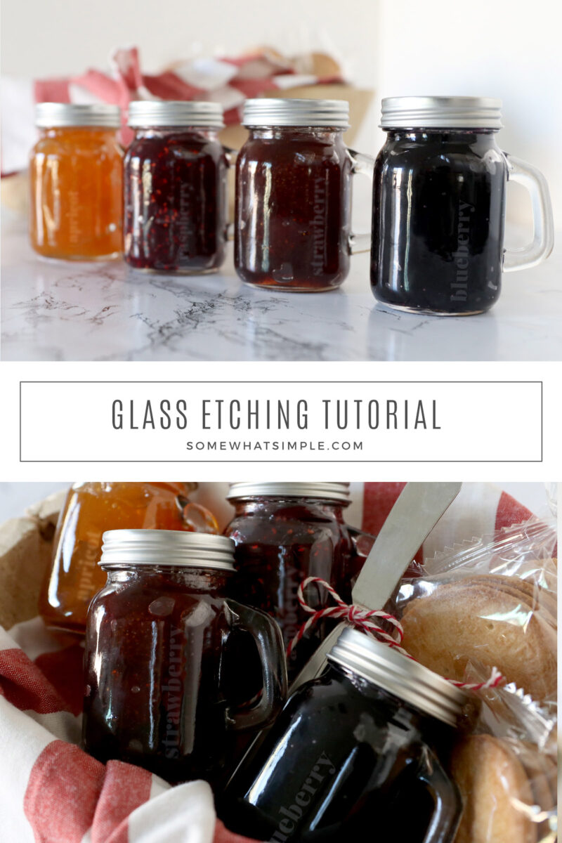 collage of images showing how to etch glass jars