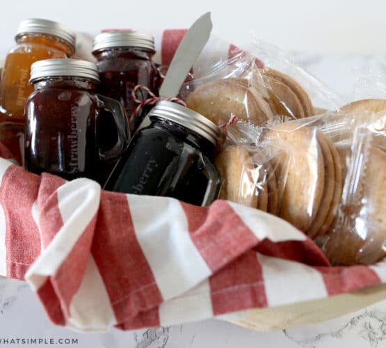 etched glass jelly jars in a bread gift basket