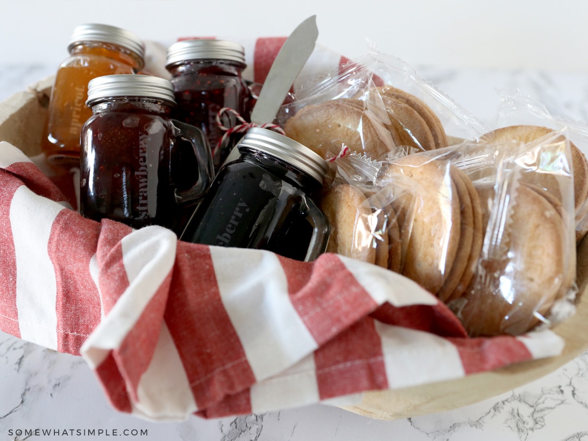 etched glass jelly jars in a bread gift basket