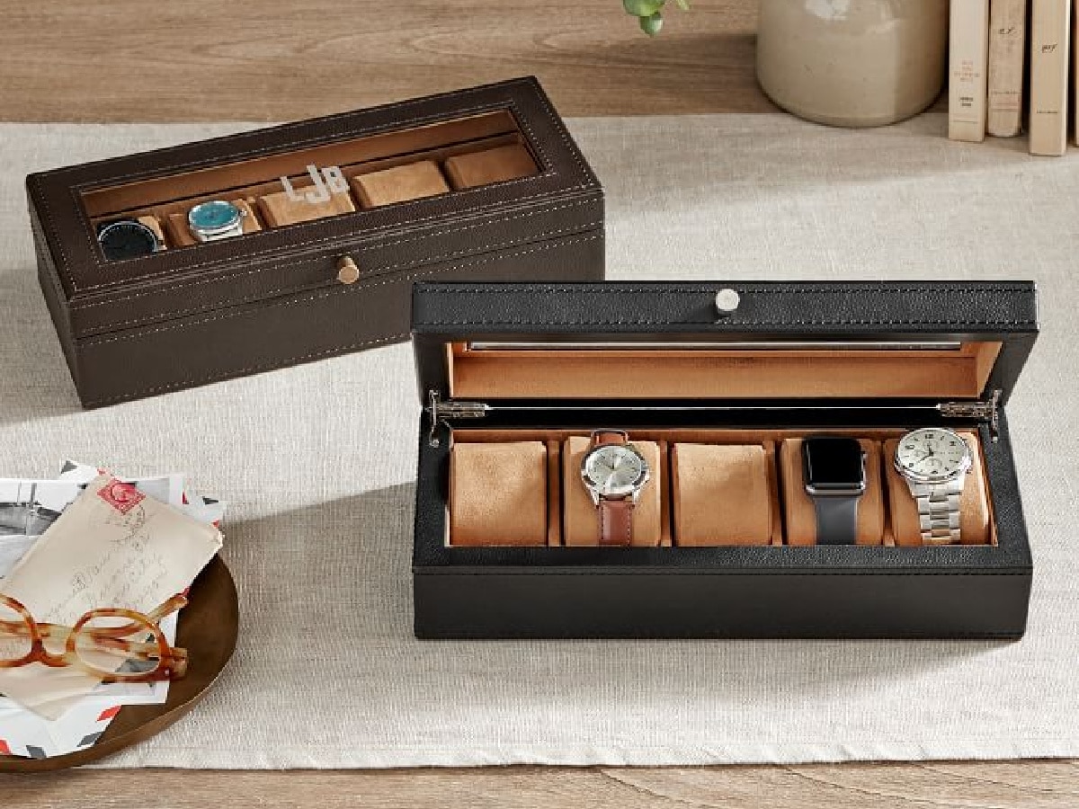leather watch box on a dresser