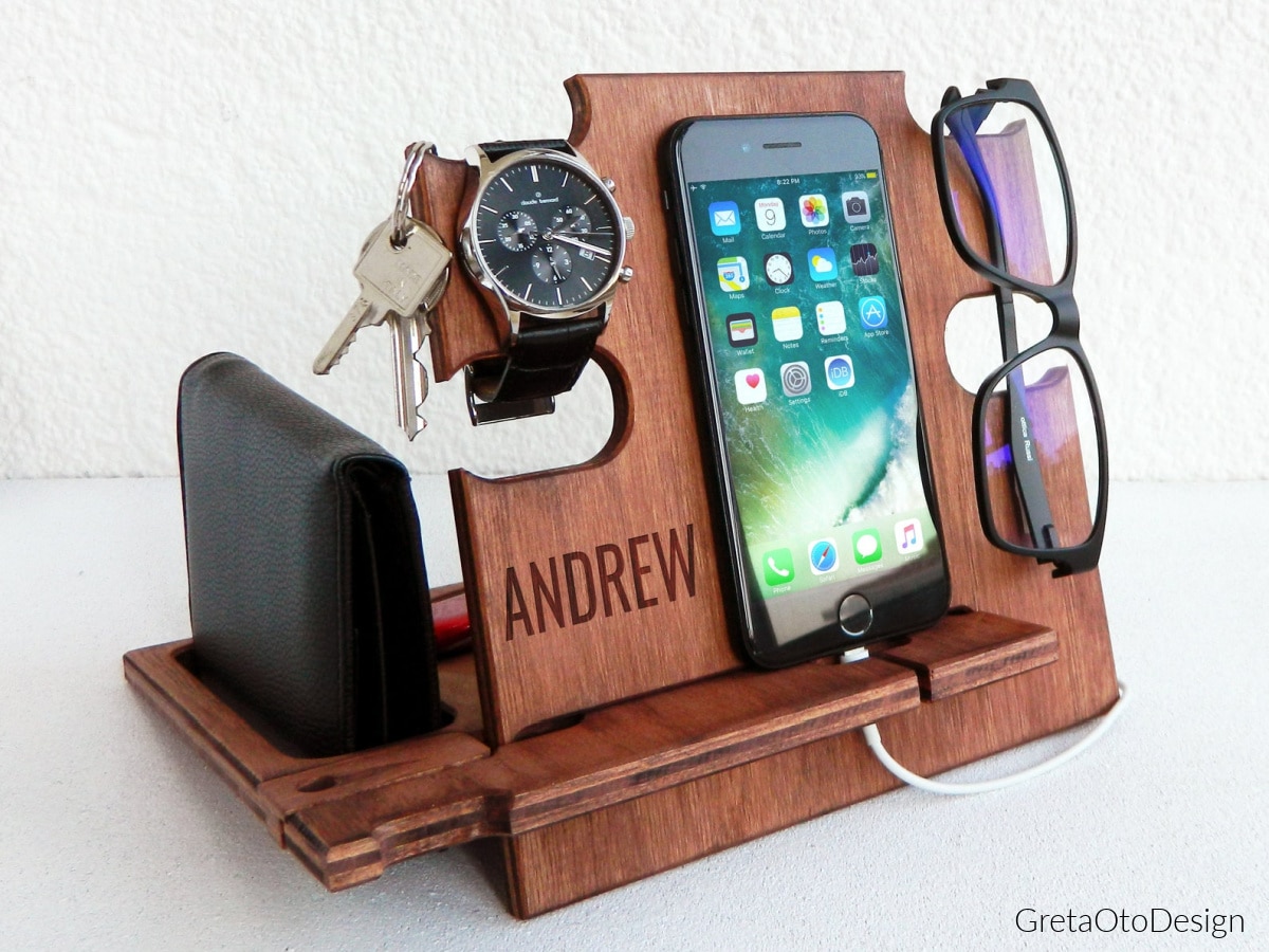 wooden charging station with room for keys, phone, glasses and wallet