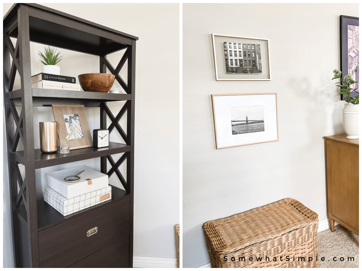 collage of primary bedroom decor with a shelf and wall collage