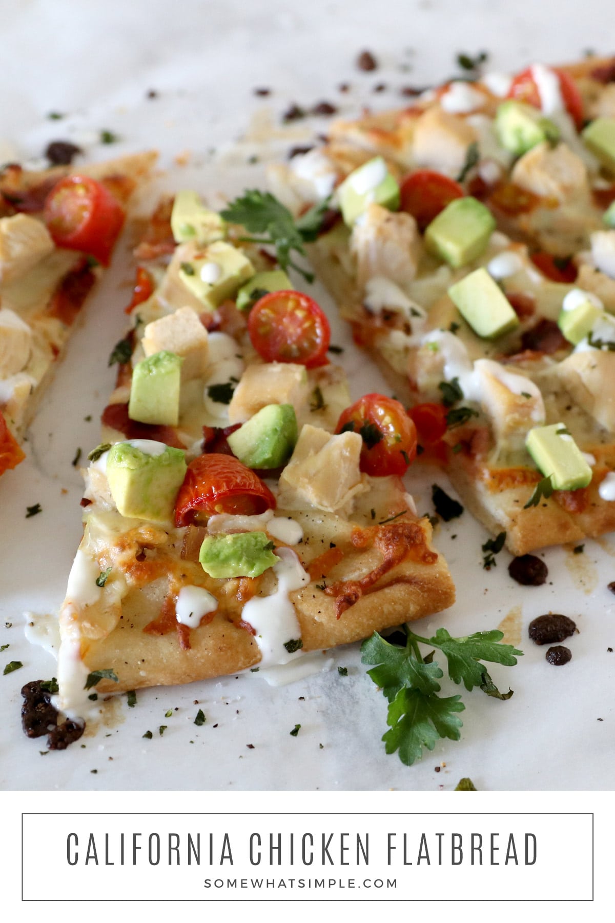 If you love chicken, avocados, and ranch, you'll love this California Chicken Flatbread! It's easy to make, easy to customize, and it tastes delicious! via @somewhatsimple
