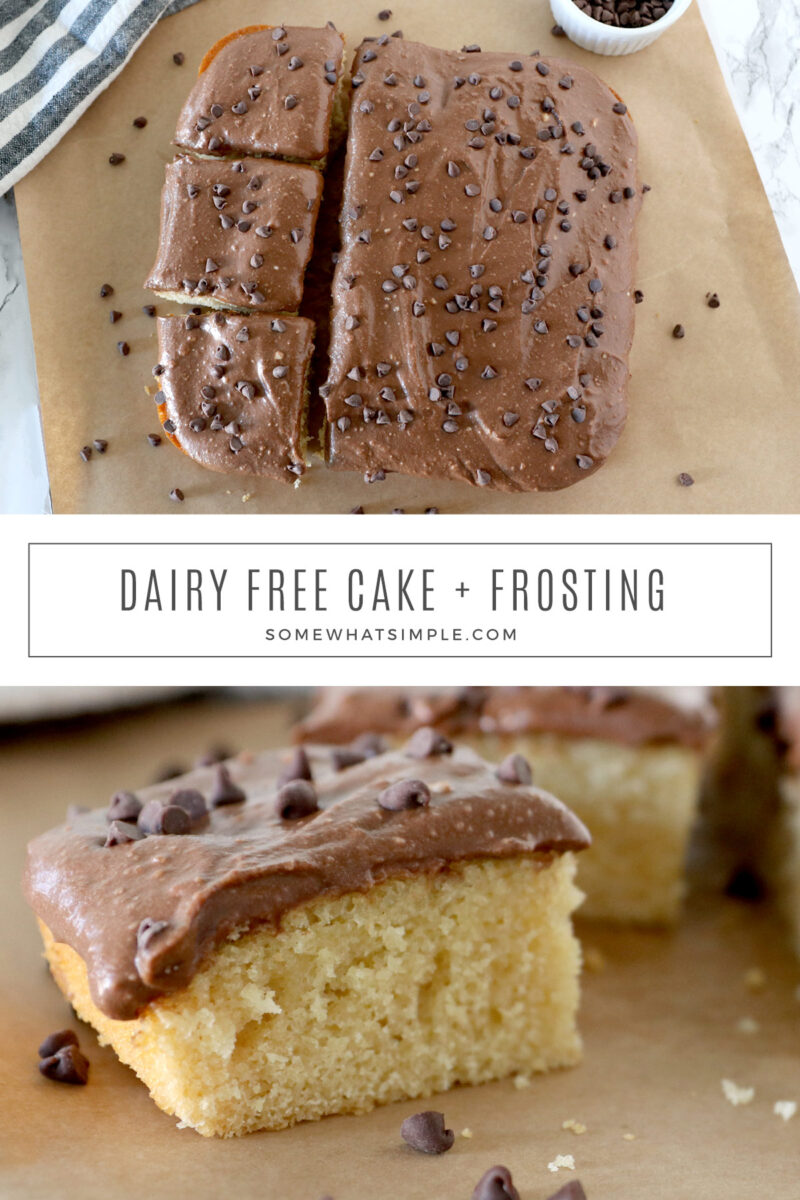 collage of images featuring a dairy-free chocolate cake