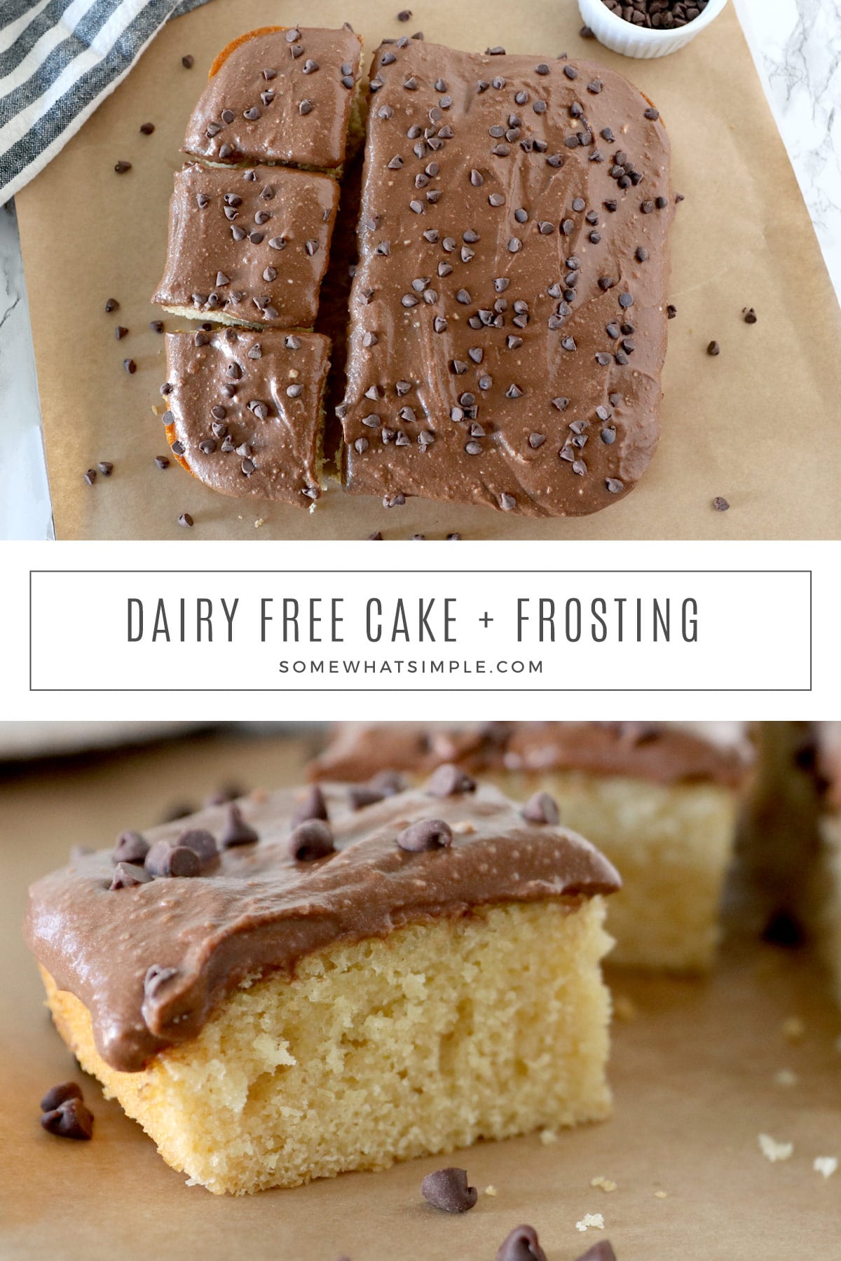 Whether you have a food allergy or are just trying to limit dairy in your diet, this delicious dairy-free cake is easy to make and it tastes so good! via @somewhatsimple