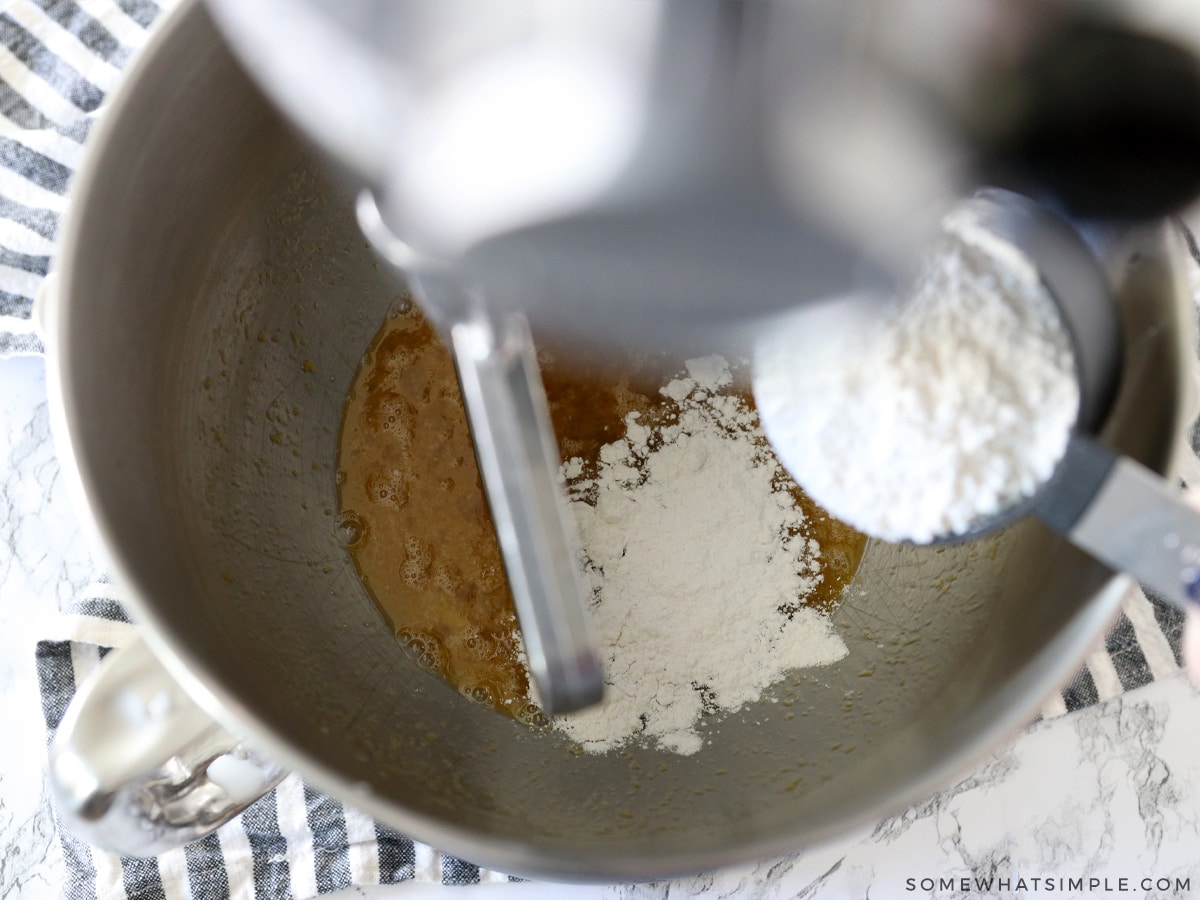 adding dry ingredients to wet ingredients in a Kitchenaid