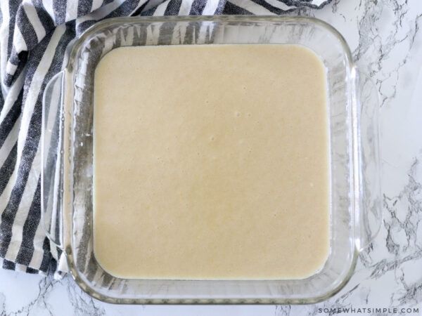 adding the batter to a prepared cake pan