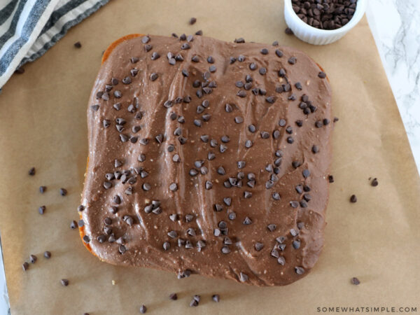 frosted chocolate cake with chocolate chips sprinkled around it