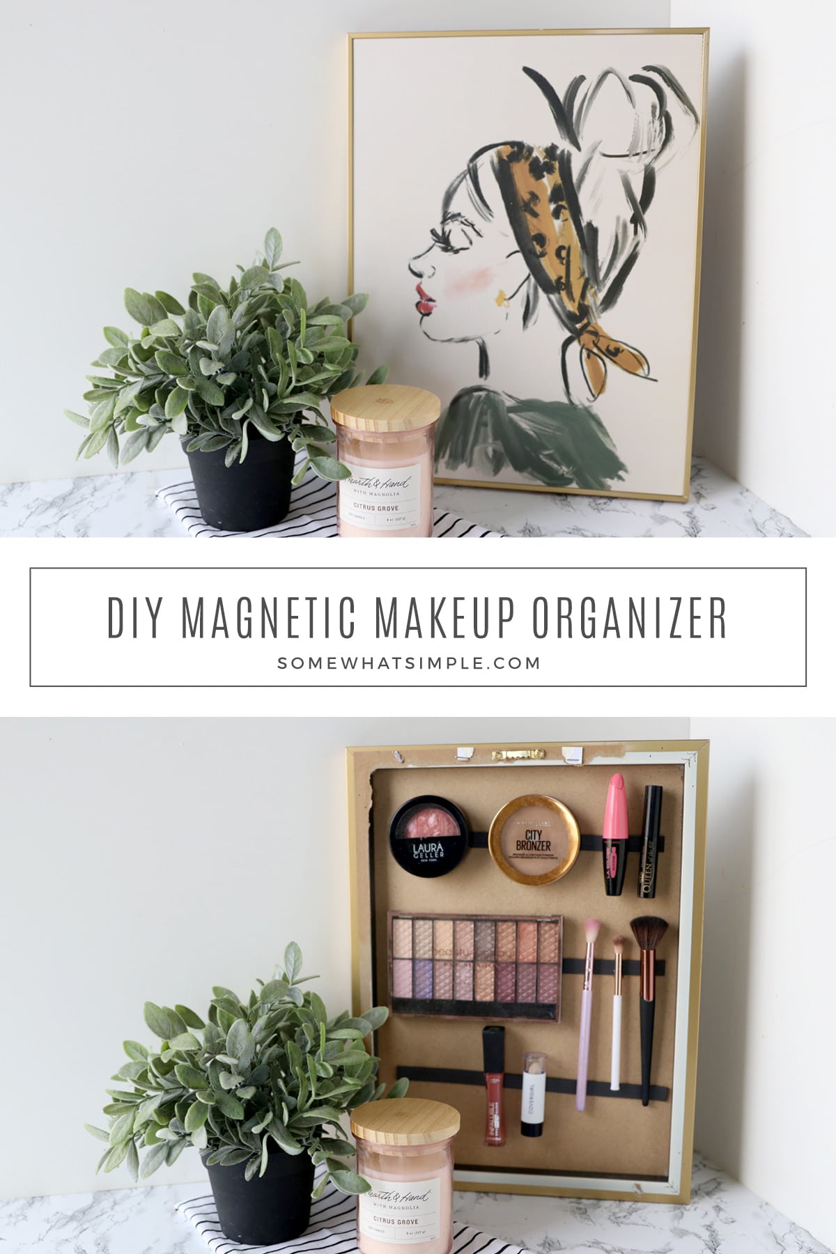 Using a simple canvas wall hanging, you can make a DIY makeup organizer and keep all of your beauty essentials organized. via @somewhatsimple