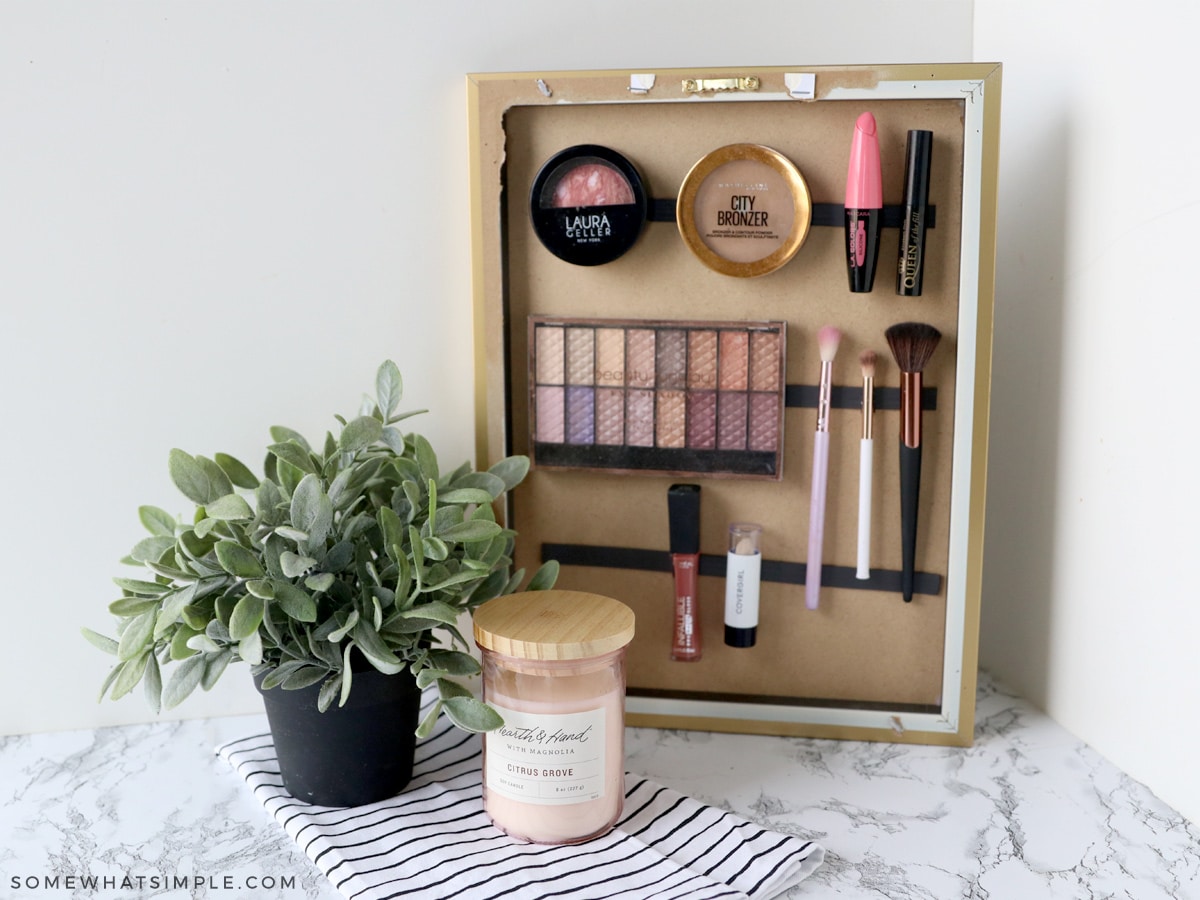 magnetic makeup organizer on a white counter