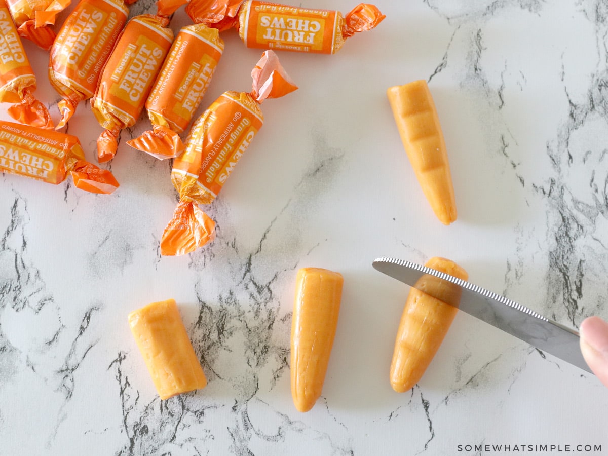 making "carrots" from orange tootsie rolls