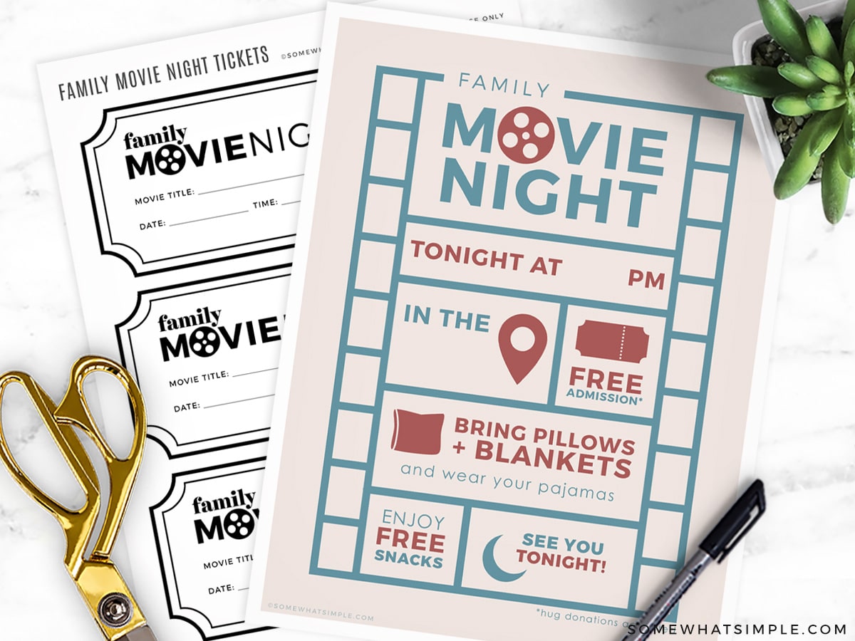 printable movie night invitations and tickets on a white counter