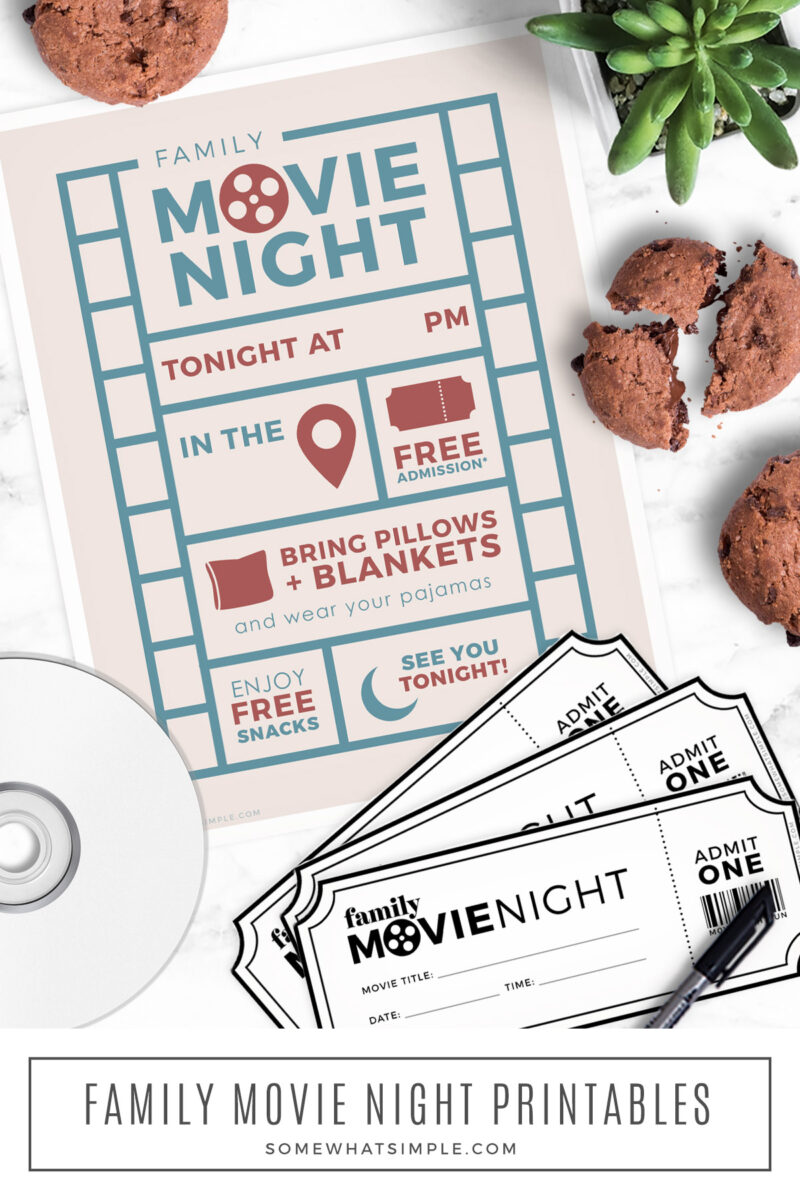 long image of family movie night printables on the counter