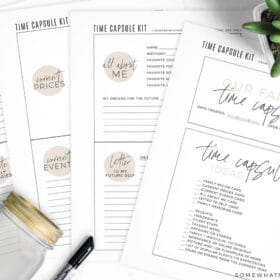 time capsule printables on a white counter