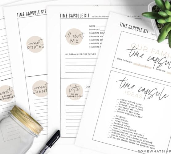 time capsule printables on a white counter