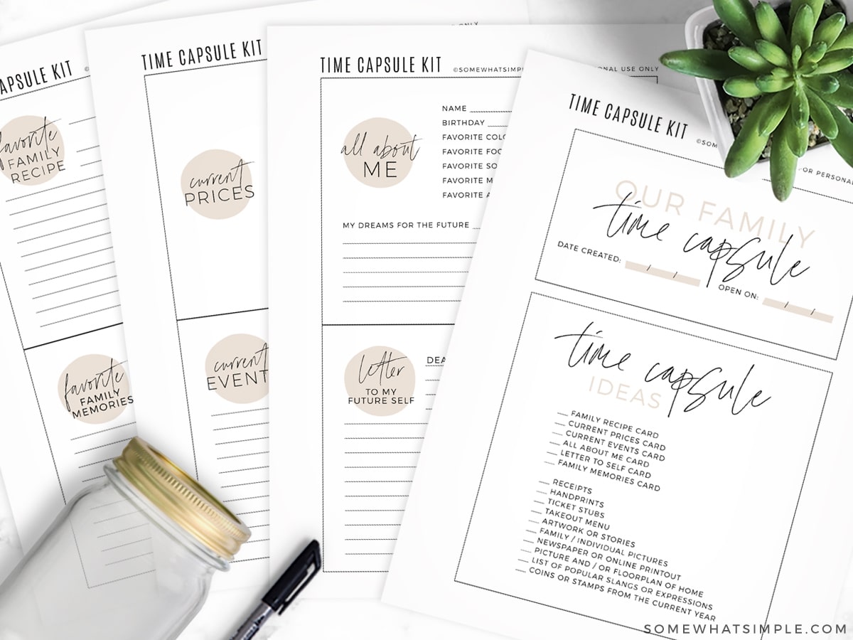 time capsule printables on a white counter