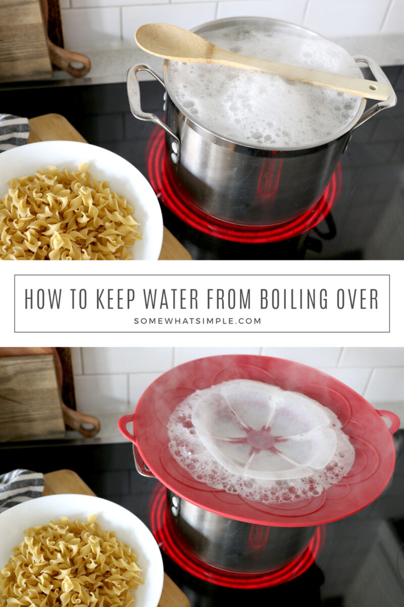 collage showing 2 methods of keeping water from boiling over a pot